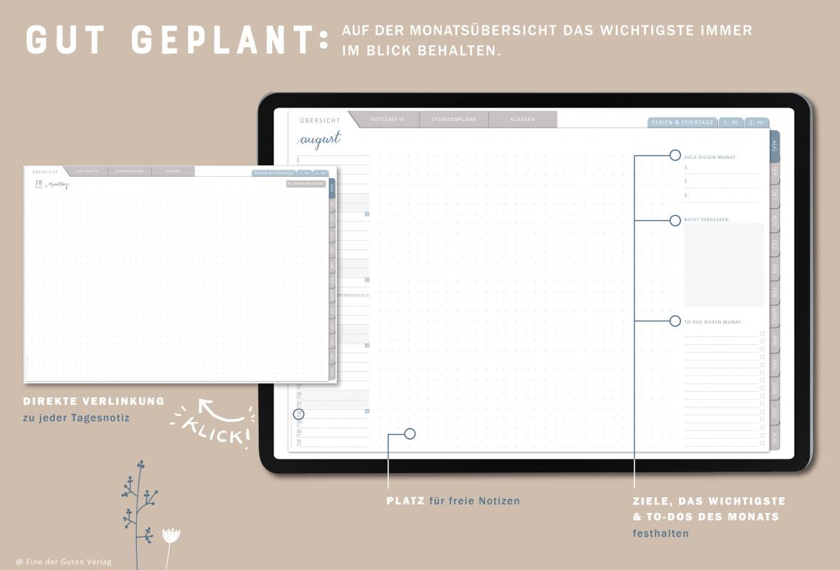Detailansicht Wochenplanung, digitaler Lehrerkalender 2023 2024 mit extra Notizseiten für jeden Tag und jede Woche